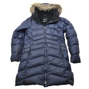Marmot Down Puffer Coat Womens Medium Navy Blue Parka Faux Fur Hood 700 Fill